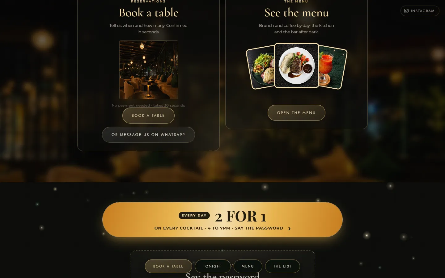 Book a table and See the menu cards, with a fanned deck of menu photos
