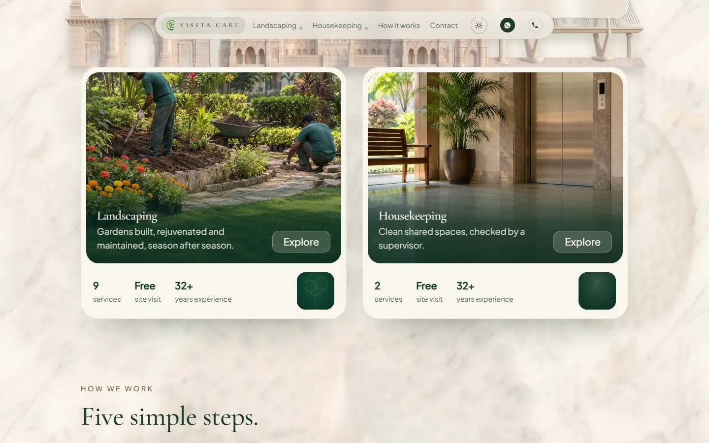 Landscaping and housekeeping cards on a marble ground